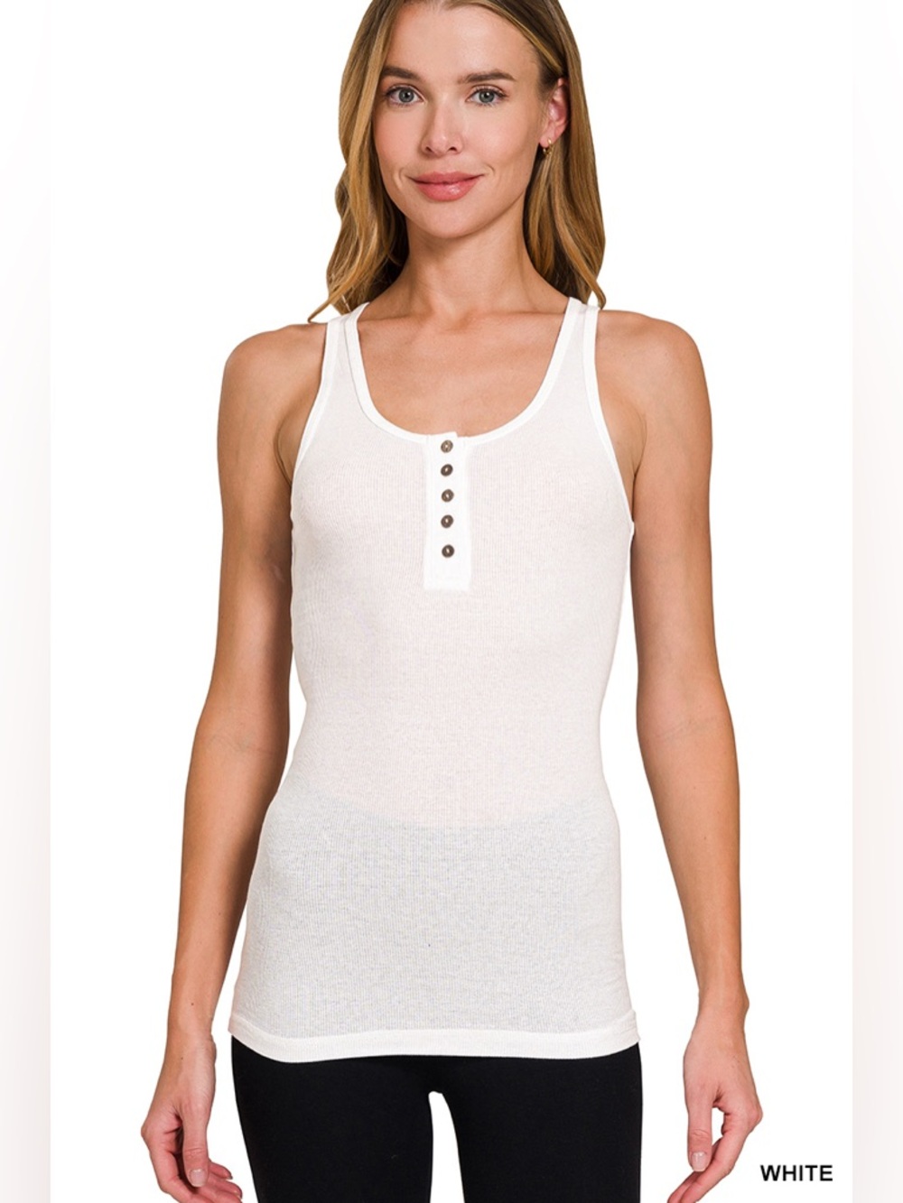 Zenana Outfitters White Ribbed Henley Tank Top